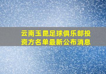 云南玉昆足球俱乐部投资方名单最新公布消息